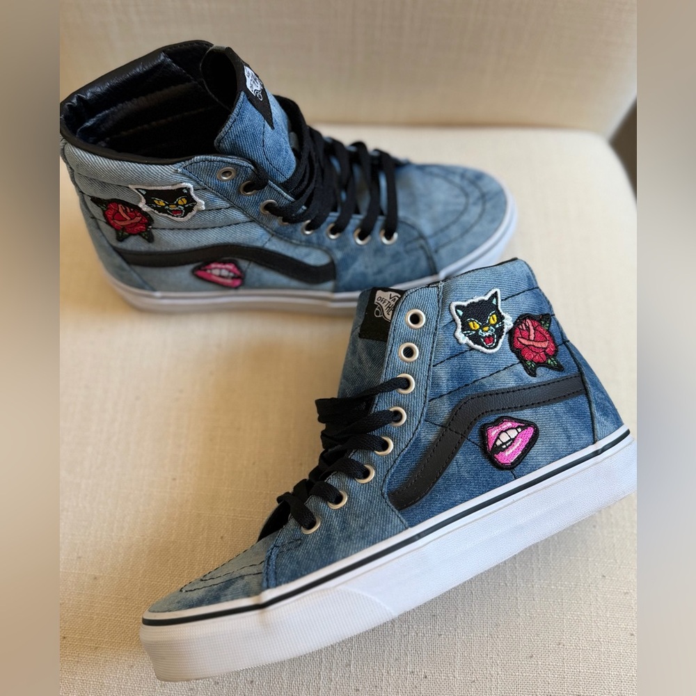 Vans Blue Denim High-Top Sneakers with Embroidered Designs